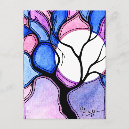 Watercolor Tree and Moon - Blue and Pink Postcard
