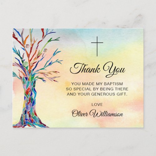 Watercolor Tree Baptism Christening Thank You Postcard