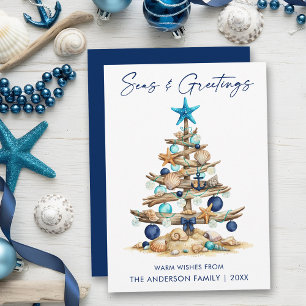Watercolor Tree Beach Seas and Greetings Blue Holiday Card