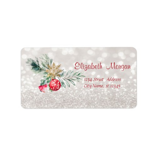 Watercolor Tree Branches Red Ball Glittery Bokeh Label