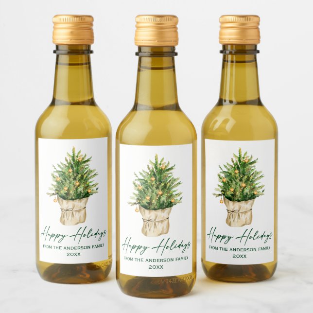Watercolor Tree Calligraphy Ink Holiday Mini Wine Label (Bottles)