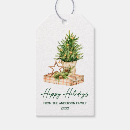 Watercolor Tree Calligraphy Ink Script Holiday Gift Tags