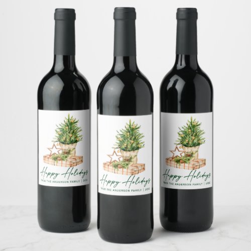 Watercolor Tree Calligraphy Ink Script Holiday Wine Label