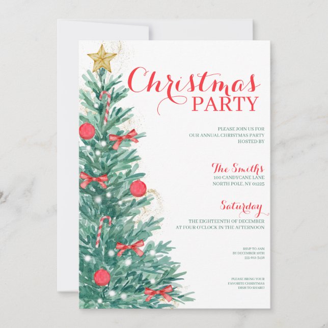 Watercolor Tree Christmas Party Elegant Invitation (Front)