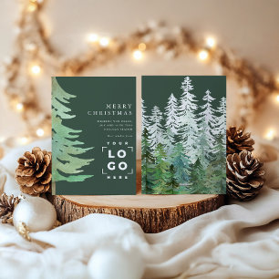 Watercolor tree corporate green elegant holiday card