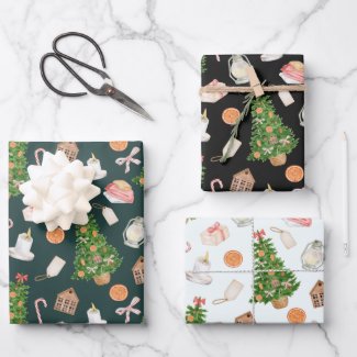Watercolor Tree gifts candy Cane Christmas Pattern