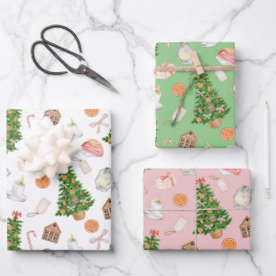 Watercolor Tree gifts candy Cane Christmas Pattern Wrapping Paper Sheets