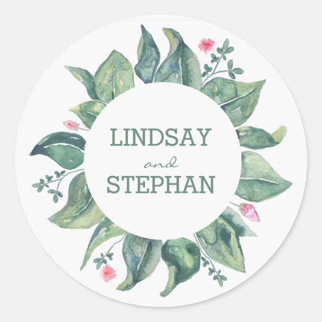 Watercolor Tree Leaves Rustic Garden Wedding Classic Round Sticker (Front)