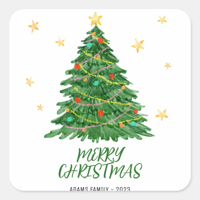 Watercolor Tree Merry Christmas Sticker (Front)