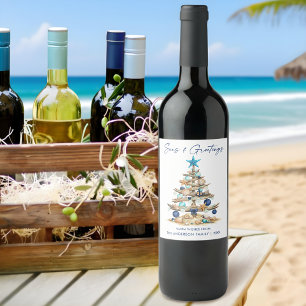 Watercolor Tree Seas and Greetings Beach Holiday Wine Label