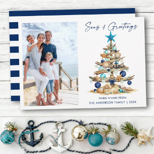 Watercolor Tree Seas and Greetings Photo Striped Holiday Card