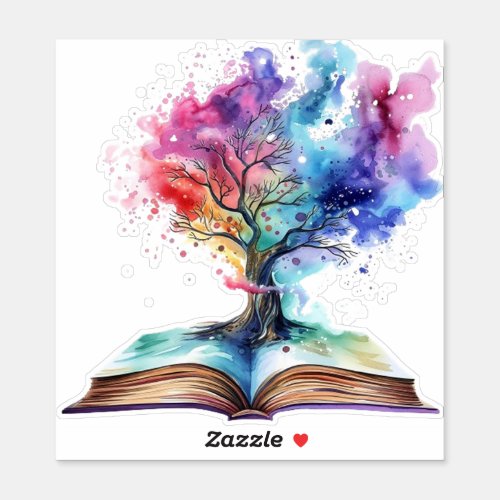 Watercolor Tree Sprouting from Book Art Sticker