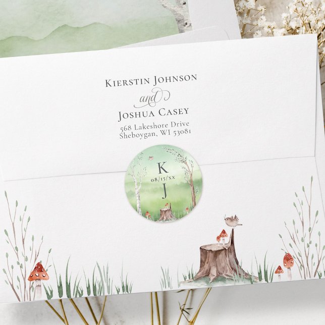 Watercolor Tree Whimsical Boho Wedding Invitation Classic Round Sticker (Watercolor green trees whimsical cottagecore wedding monogram invitation envelope closure sticker)