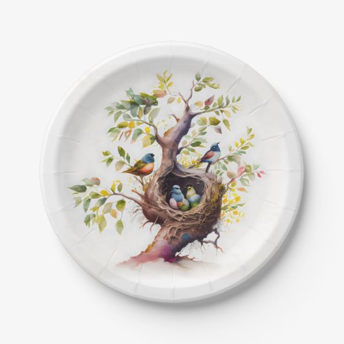 Watercolor Tree with a Nest of Baby Birds Paper Plates