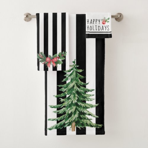 Watercolor Tree Wreath Black and White Christmas Bath Towel Set