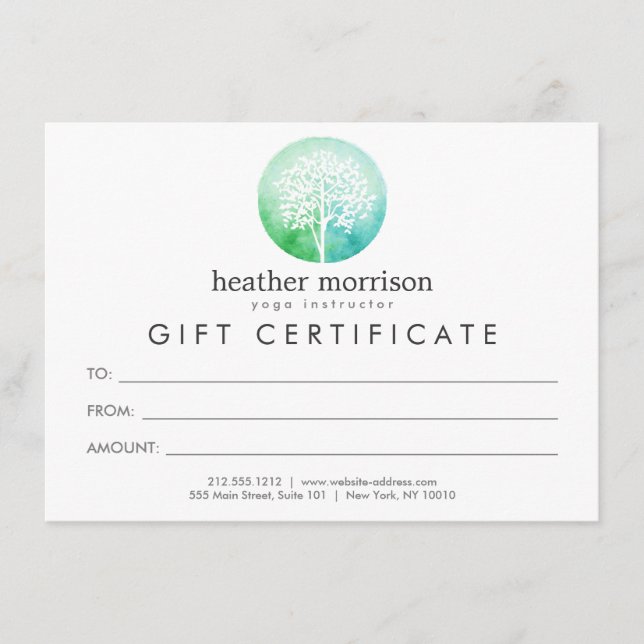 Watercolor Tree Yoga and Wellness Gift Certificate (Front)
