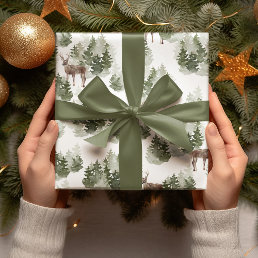 Watercolor Trees And Deer Green Christmas Wrapping Paper