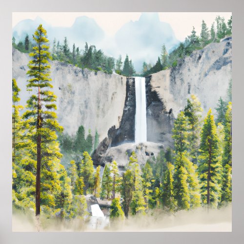 Watercolor trees and mountains with waterfall poster