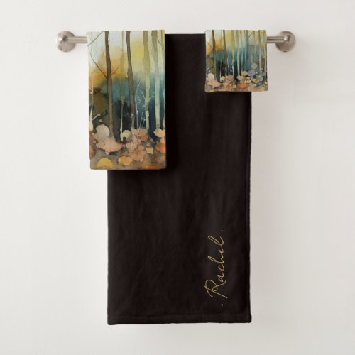 Watercolor Trees Boho Monogram Bath Towel Set