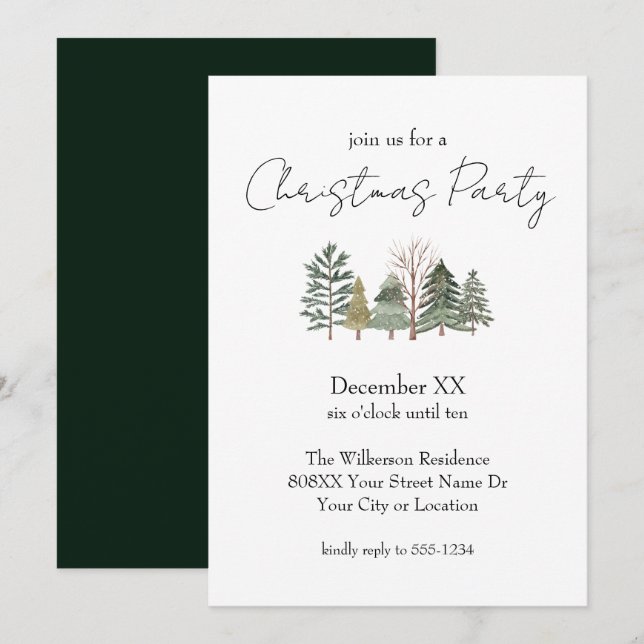 Watercolor Trees & Elegant Script Christmas Party Invitation (Front/Back)