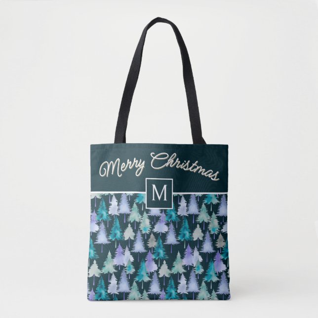 Watercolor Trees Merry Christmas Monogrammed Tote Bag (Front)