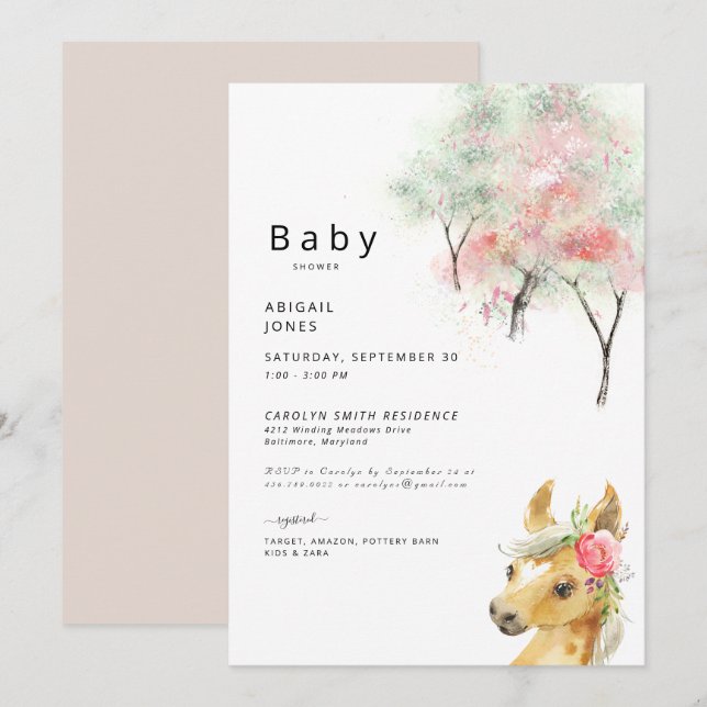 Watercolor Trees & Pink Pony Baby Shower Invitation (Front/Back)