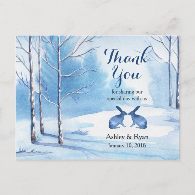 Watercolor Trees Rabbits Winter Wedding Thank You Postcard (Front)