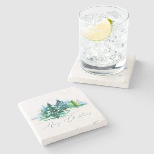 Watercolor trees  stone coaster (Side)