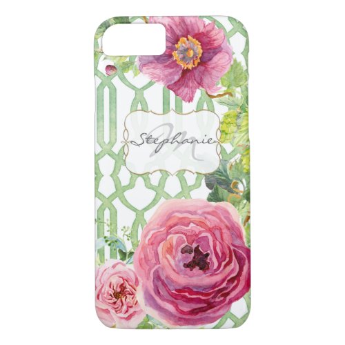 Watercolor Trellis Pattern Peony Rose Faux Gold iPhone 87 Case