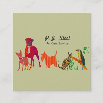 Watercolor Trendy Cute Animal Pets  Dogs Cats Square Business Card by happytwitt at Zazzle