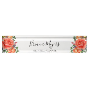 Watercolor Trendy Modern Floral Orange Business Desk Name Plate