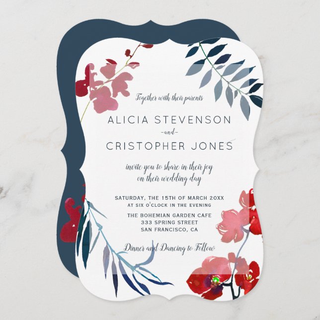 Watercolor trendy red and navy floral wedding invitation (Front/Back)