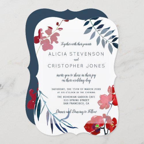 Watercolor trendy red and navy floral wedding invitation