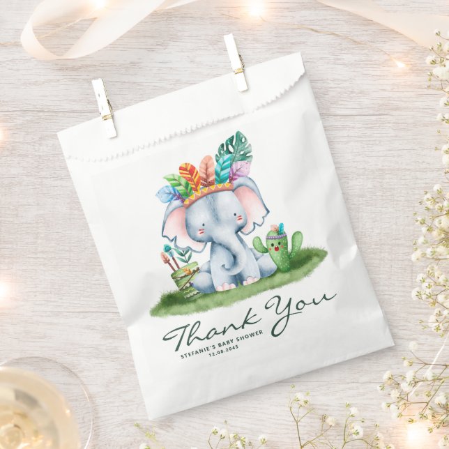 Watercolor Tribal Elephant Birthday Thank You Favor Bag (Clipped)