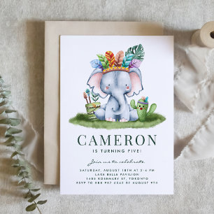 Watercolor Tribal Elephant Safari Theme Birthday Invitation