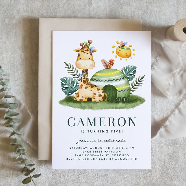 Watercolor Tribal Giraffe Safari Theme Birthday Invitation (Safari theme kids birthday invitation featuring watercolor giraffe and tribal accents. )