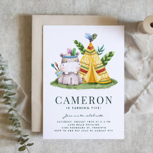 Watercolor Tribal Hippo Safari Theme Birthday Invitation