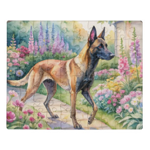 Watercolor Tricolor Belgian Malinois in Garden Jigsaw Puzzle