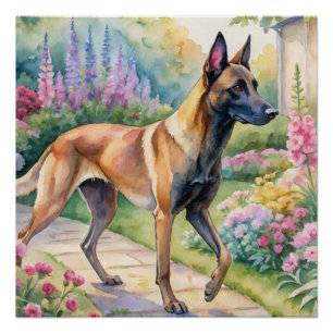Watercolor Tricolor Belgian Malinois in Garden Poster