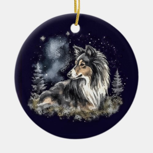 Watercolor Tricolor Sheltie Christmas Ceramic Ornament