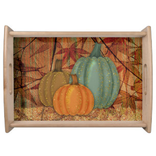 Watercolor Trio Teal, Chestnut And Orange Pumpkins Serving Tray