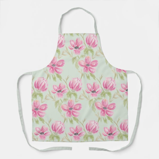 Watercolor Triple Pink Blooms Apron (Front)