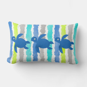 Watercolor Triple Sea Turtle Shibori Stripes Wave Lumbar Pillow