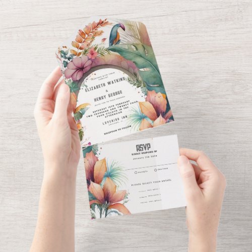 Watercolor Tropic Botanical Flowers Wedding  All In One Invitation