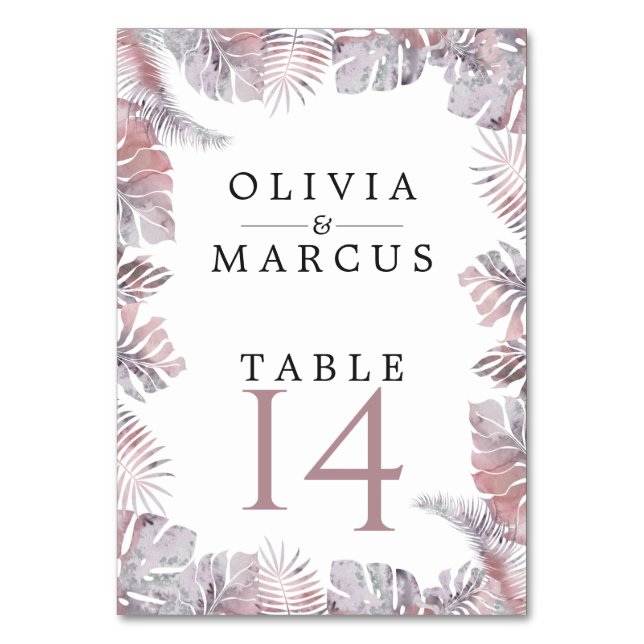 Watercolor Tropic Leaves Rose Mauve Table Number (Front)