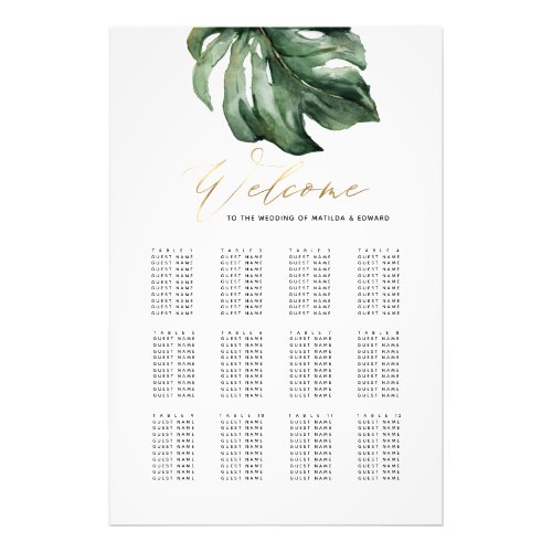 Watercolor tropical and gold wedding seating plan photo print