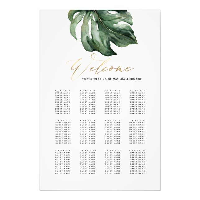 Watercolor tropical and gold wedding seating plan photo print (Front)