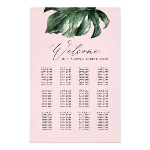 Watercolor tropical and gold wedding seating plan photo print