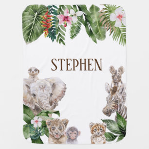 Watercolor Tropical Baby Jungle Animals Safari  Blanket