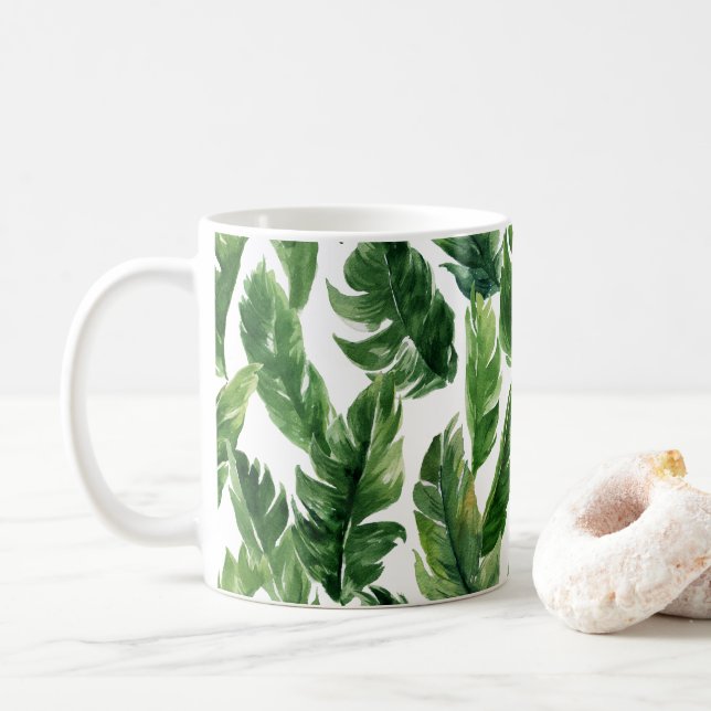 Watercolor Tropical Banana Leaves Pattern Coffee Mug (With Donut)